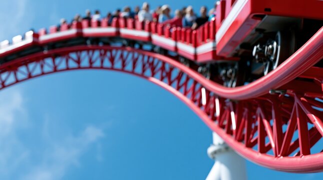 Low angle view of red roller coaster train on steel track against blue sky