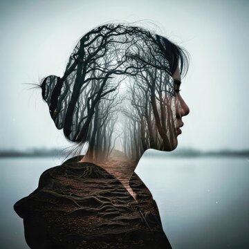 Woman S Silhouette With Tree Forest Overlaid on Her Head Gazing at Calm Lake