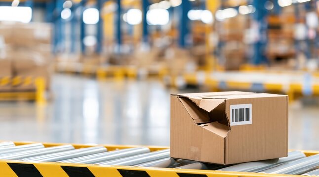 damaged cardboard box with barcode on conveyor belt in warehouse