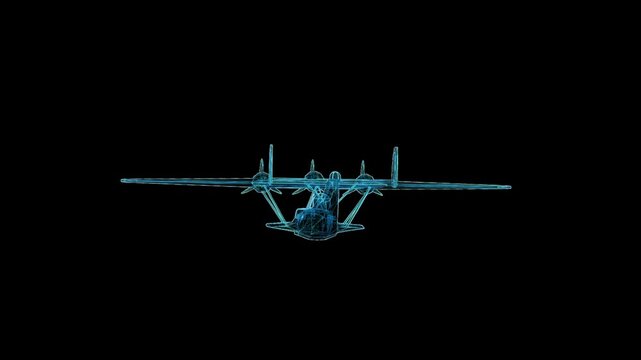 Detailed 3D HUD wireframe attack aircraft with 360-degree rotation, futuristic holographic blueprint for aviation and military visualization.