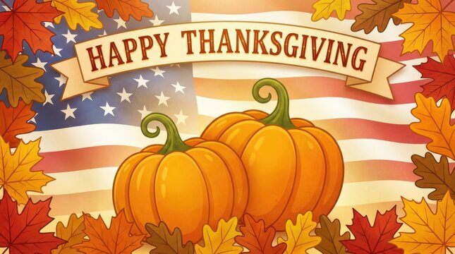 Happy Thanksgiving pumpkins with American flag