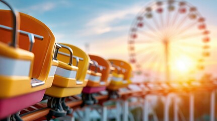 Yellow roller coaster cars on track with blurred ferris wheel at sunset