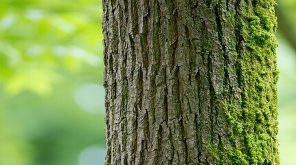 Fototapeta premium Close up of textured tree bark with green moss and blurred green background
