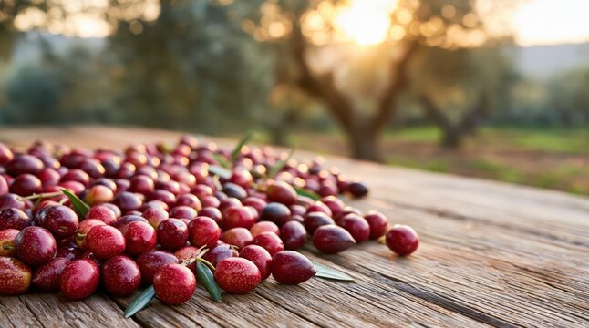 Ripe red olives on wooden table in olive grove at sunset