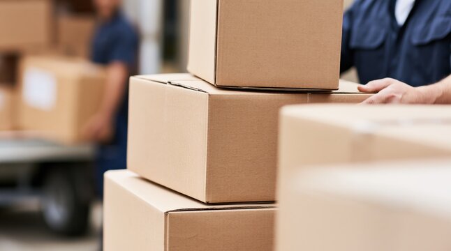 Delivery worker stacking cardboard boxes outdoors