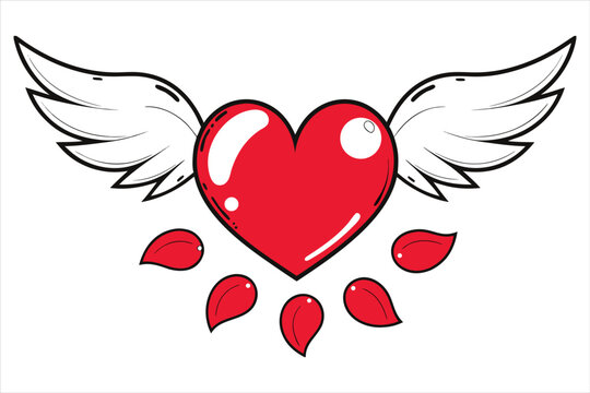 Small Red Flying Heart with White Wings and Petals