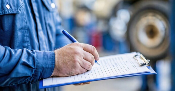 Close up of mechanic writing on clipboard in auto repair shop