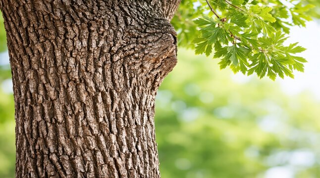 Tree trunk with rough bark and green leaves on bokeh background