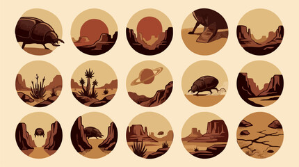Pulp Sci-Fi Scene Vector Icon Sheet with Classic Desert Landscapes, Giant Beetles, and Distant Planets in a Retro Style, Brown and Beige Tones © Waskito