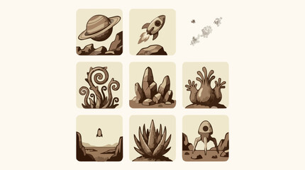 Retro Alien Landscape Vector Icon Sheet with Planet, Rocket Ships, and Strange Alien Plants and Rocks, Sepia Tones, Graphic Resources © Waskito