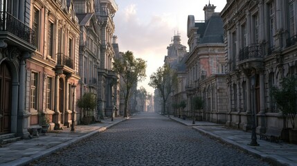 Obraz premium A quiet, empty street with cobblestone pavement, tall buildings, and trees in the background.