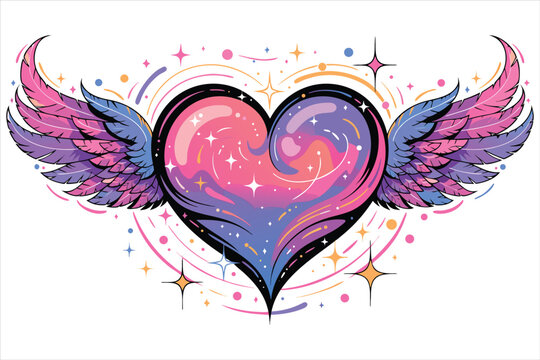 Glowing Pink Purple Heart with Colorful Fantasy Wings