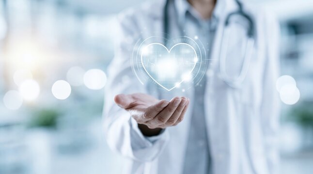 Medical doctor holding glowing virtual heart symbol with ekg line