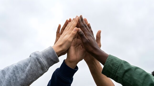 Diverse group of people showing unity and teamwork with hands stacked in a collective high-five gesture.
