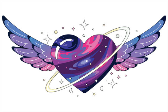 Blue Purple Planet Heart with Wings and Saturn Rings