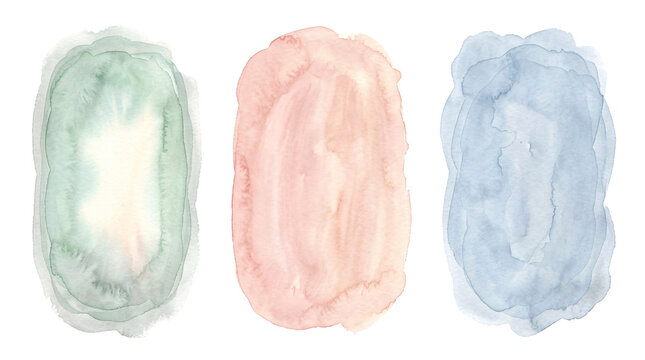 Watercolor brush stroke frames in pastel colors on transparent.