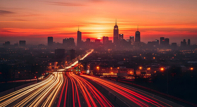 Vibrant Cityscape at Sunset with Motion Blur of Traffic on Highway and Silhouette of Skyscrapers Under Colorful Sky in Urban Environment