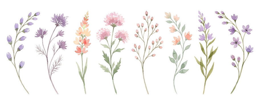 Watercolor collection of hand painted wild flowers and herbs.