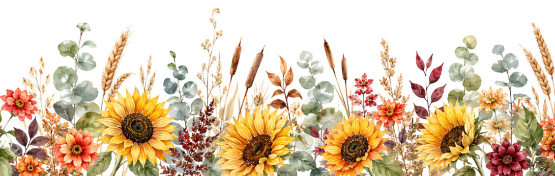 Watercolor autumn fall sunflowers dahlia border illustration transparent background.