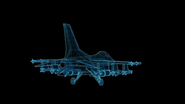 Detailed 3D HUD wireframe attack aircraft with 360-degree rotation, futuristic holographic blueprint for aviation and military visualization.