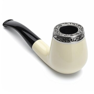 Elegant cream-colored pipe with ornate silver band and black mouthpiece