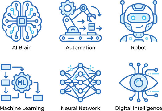 Set of six blue gradient line icons representing artificial intelligence concepts including brain automation robot machine learning neural network and digital eye