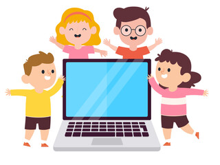 children gathered laptop cartoon illustration programmer business technology information cyberspace work
