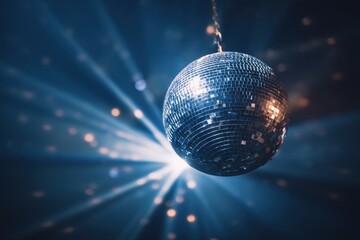Obraz premium Cinematic blue glow highlighting crystal facets of a hanging disco ball