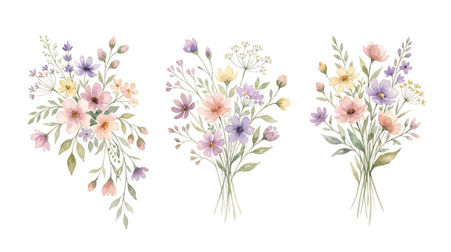 Watercolor collection of wildflower bouquets on white background.
