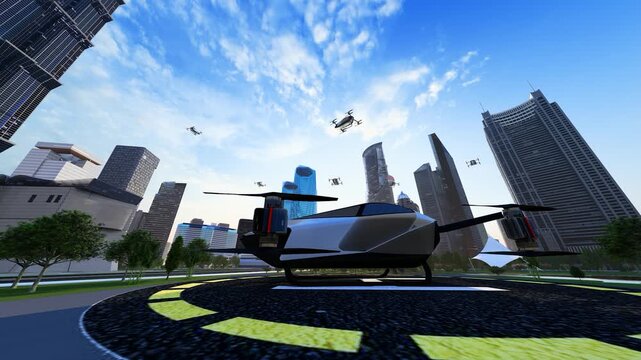 Drones weaving through high-rise buildings in a big city