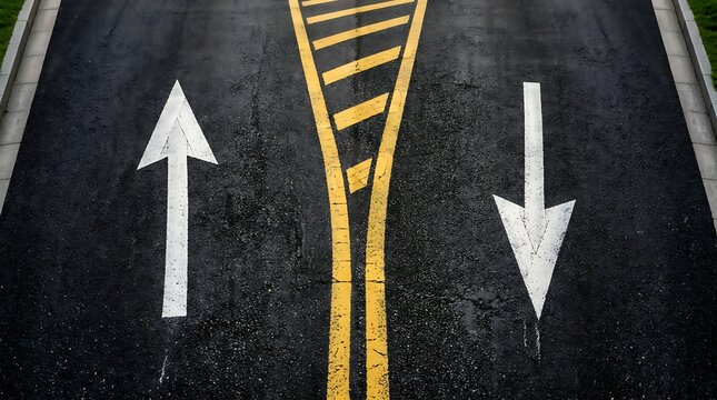 Aerial view of a twoway asphalt road with directional arrows and a central yellow hatched safety zone