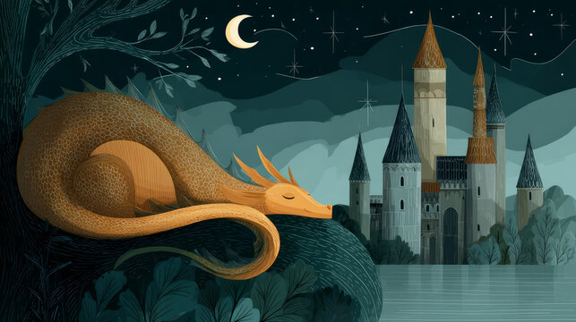 Sleeping dragon curled around a castle in a whimsical cartoon style . Cute, cartoon image of good night for toddler boys and girls, phone wallpaper, for advertising