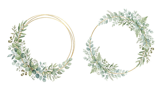 Watercolor eucalyptus wreath set with golden geometric circle.