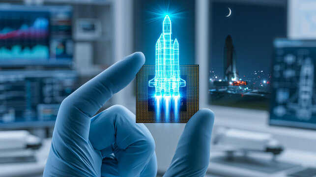 Glowing Rocket Hologram Rising From Microchip Symbolizing Space Technology Innovation