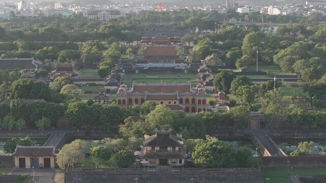 Aerial drone view of Hue Imperial Citadel featuring Ngo Mon Gate, Thai Hoa Palace and Kien Trung Palace, showcasing Vietnam's UNESCO royal heritage, ancient architecture and cultural landmark. D log m