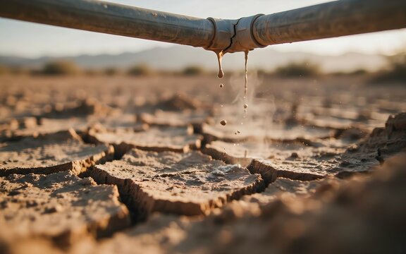  Leaking pipe dripping water on dry cracked desert ground for water scarcity and drought concept
