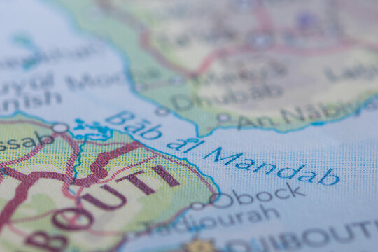 Bab al Mandab Strait on a map, strategic maritime trade route between the Red Sea and Gulf of Aden.