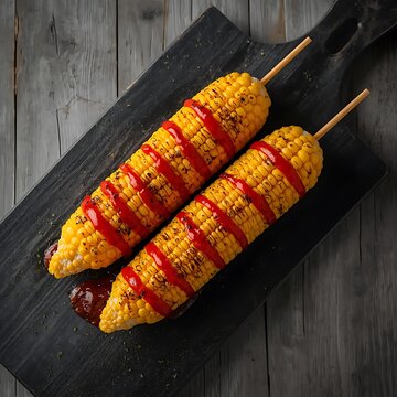 Grilled corn on the cob with red sauce drizzled over served on wooden skewers placed on dark cutting board atop rustic wooden table perfect for summer barbecues and outdoor gatherings