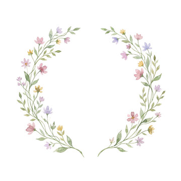 Watercolor floral wreath frame made of spring wild flowers.