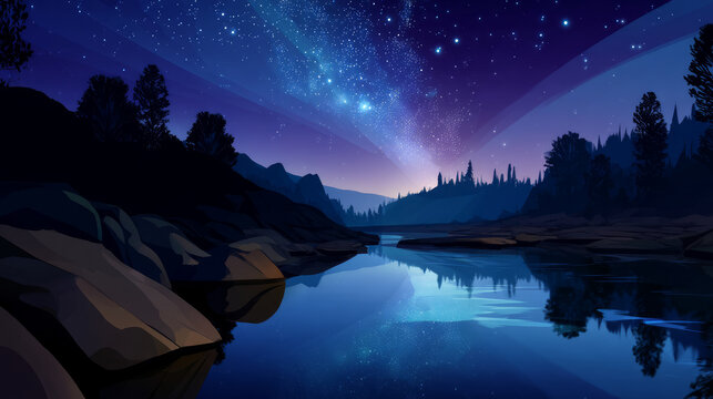 Nighttime cartoon landscape with a river reflecting stars and moonlight . Cute, cartoon image of good night for toddler boys and girls, phone wallpaper, for advertising