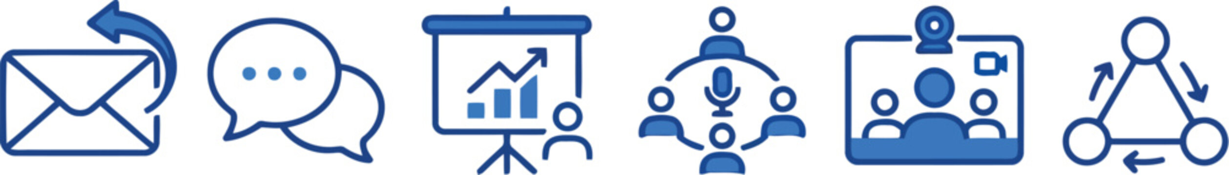 Set of blue business communication icons including email reply chat bubbles presentation meeting video call and network connection for professional office work