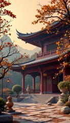Fototapeta premium Elegant oriental culture trends leading to a beautiful peaceful incense temple core on premium muted ochre gradient background