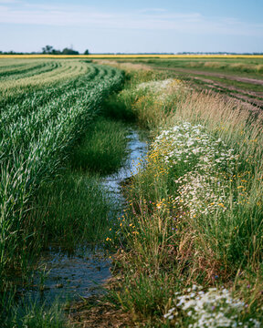 Regenerative farm edge restored with native grasses wildflowers and wetland buffer showcasing ecosystem recovery and nature positive farming