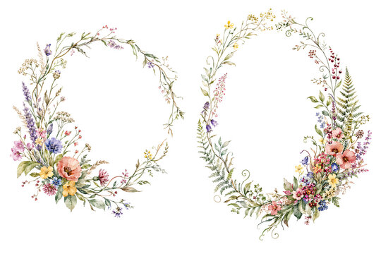 Watercolor floral wreath frame botanical design element isolated on background.