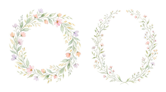 Watercolor floral wreaths with pink flowers and green leaves on transparent background.
