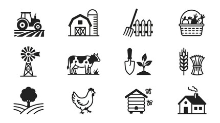 Fototapeta premium Simple black farm lifestyle icons and rural symbols.