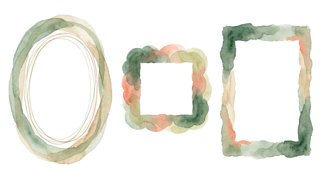 Watercolor frames borders collection green and neutral tones.