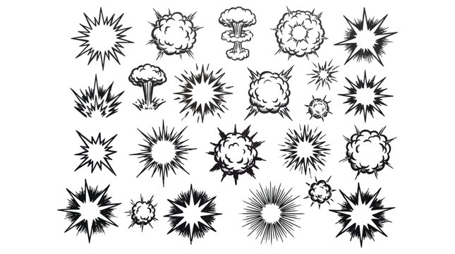 Comic explosion effects hand-drawn on paper representing burst, impact, and blast illustrations
