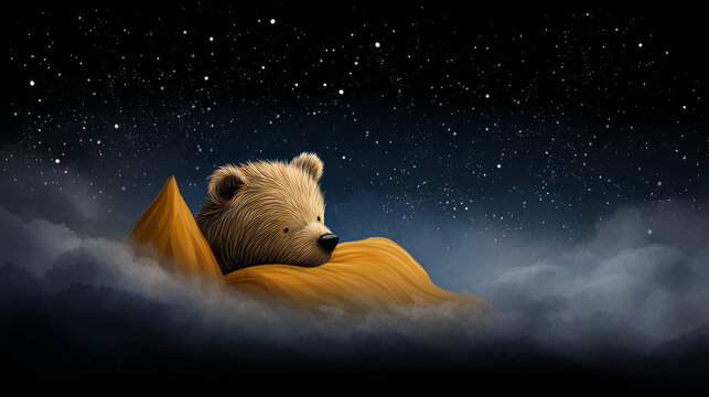 Little bear cuddling a pillow under a starry sky in cartoon style . Cute, cartoon image of good night for toddler boys and girls, phone wallpaper, for advertising