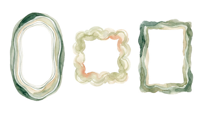 Watercolor frames borders nature inspired green muted tones.